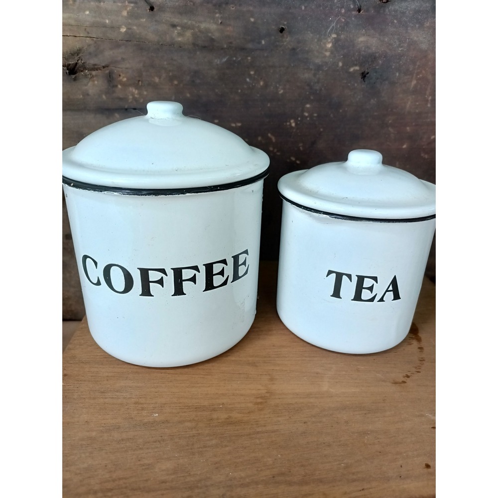 Enameled Coffee & Tea Canisters Vintage Antique Look Decor Storage Kitchen